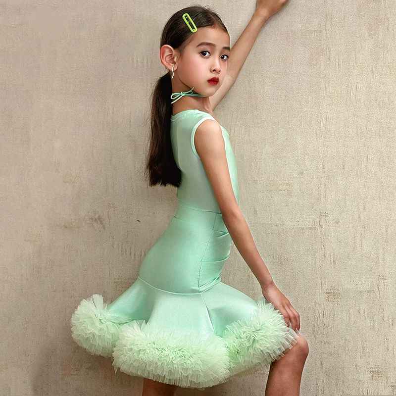 Girls Mint Green Latin Dance Dress - Fluffy Ruffle Performance Wear