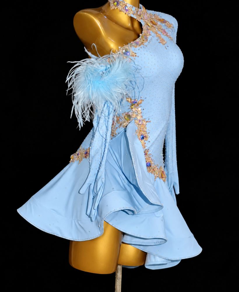 Custom Blue Latin Dance Competition Dress | Rhinestone with Feather Asymmetric Salsa Dance Costume