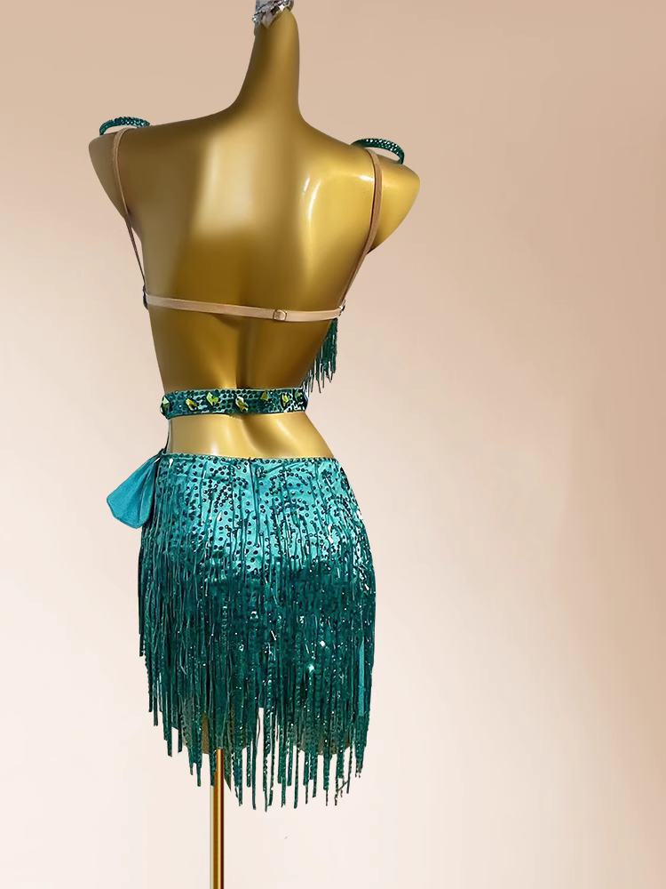 Custom Size Blue Ruffles Competition Fringe Latin Dance Dresses with Crystal Stone Salsa Rumba Blackpool Dance Clothes