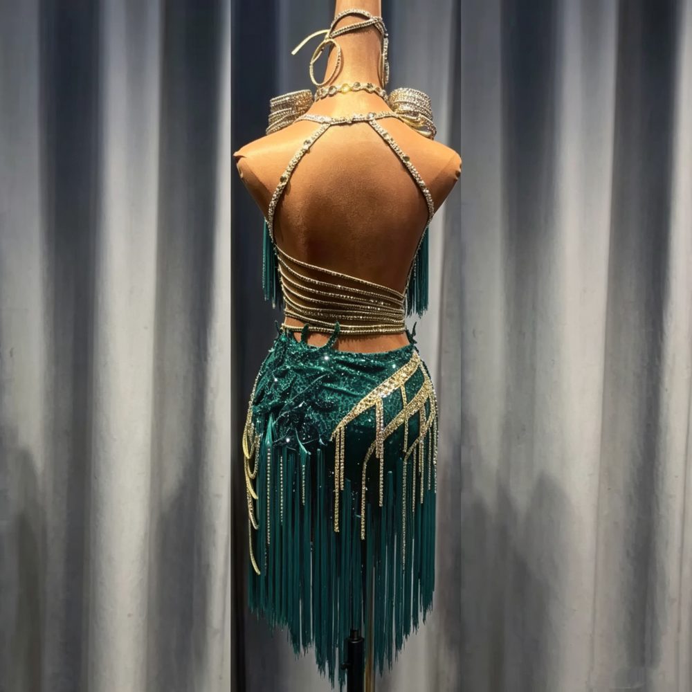 Custom Dark Green & Gold Latin Dance Dress | Crystal Beaded Ballroom Tassel Costume
