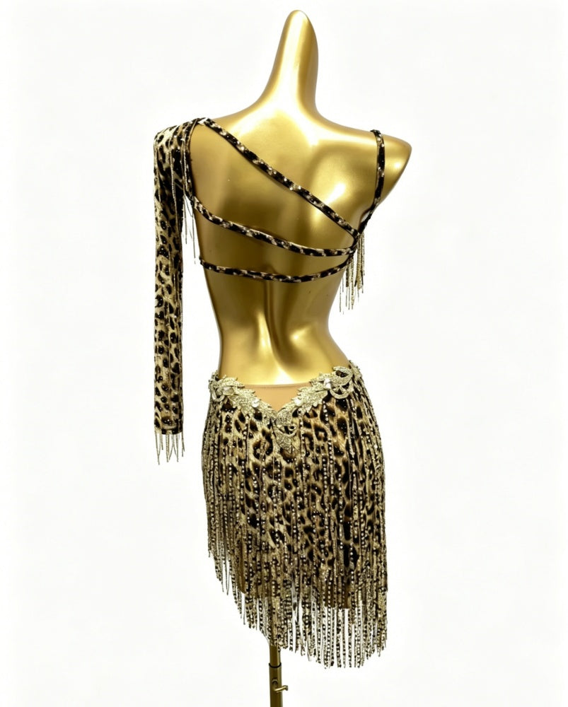 Custom Size Leopard Bling Latin Dance Dress Fringe Salsa Chacha Blackpool Competition Clothing