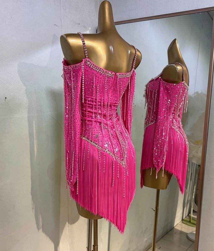 Custom Size Fuchsia Competition Latin Dance Dresses with 3D Flowers Salsa Rumba Dance Costume