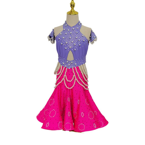 Girls Latin Dance Dresses for Kids Purple Black Pearls Diamond Salsa Rumba Chacha Performance Costumes