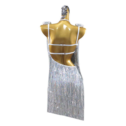 Silver sequined Fringe Latin dance dresses for women girls salsa samba chacha professional glitter dance competition clothes for female - Moderndancedress.com