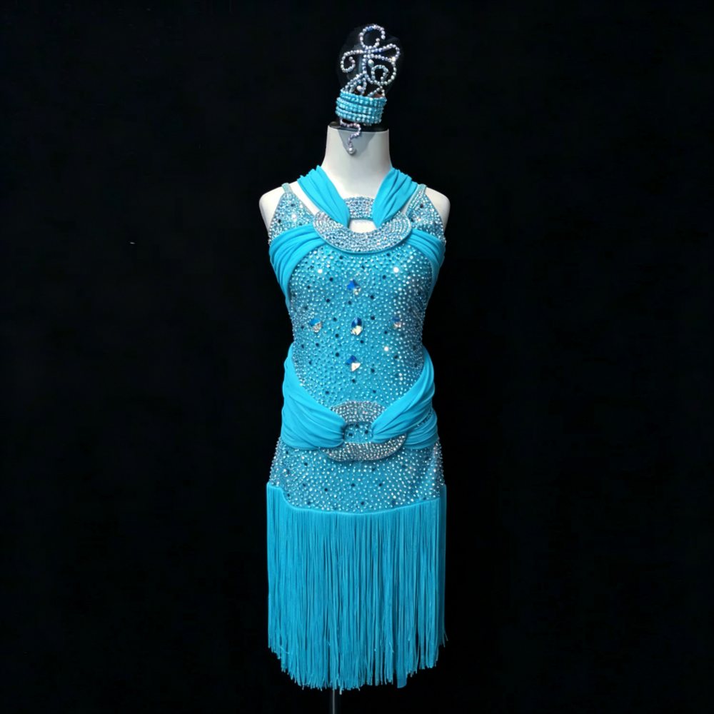 Custom Turquoise Halter Latin Performance Dress - Hot Pink Coral Crystal Ring Dancewear
