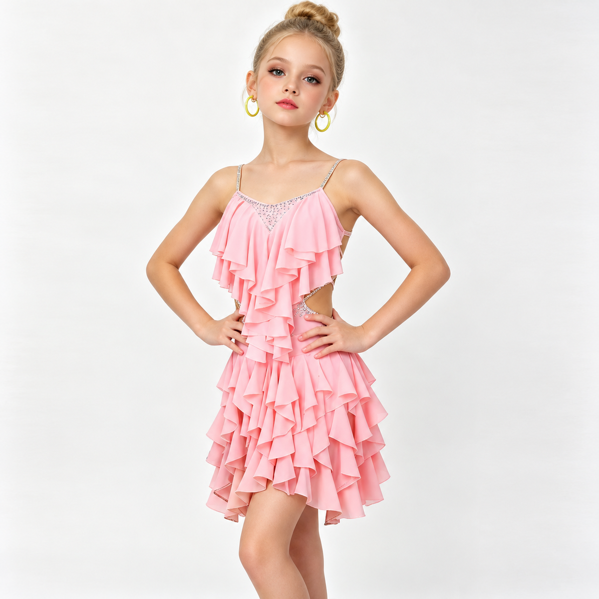 Girls Red Pink Ruffle Latin Dance Dress with Rhinestones Kids Salsa Chacha Stage Costume