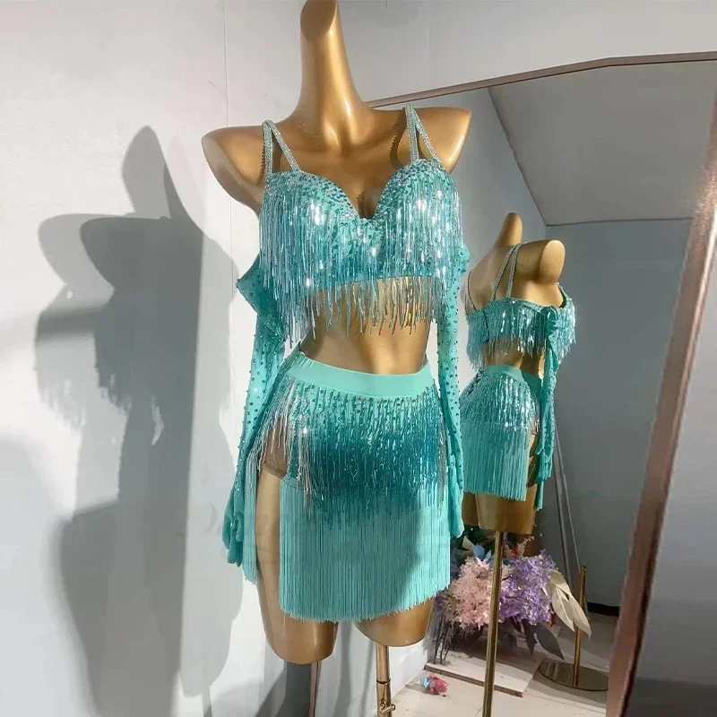 Custom Size Tuquoise Fringe Competition Latin Dance Dresses for Women Girls Salsa Rumba Chacha Dance Costumes