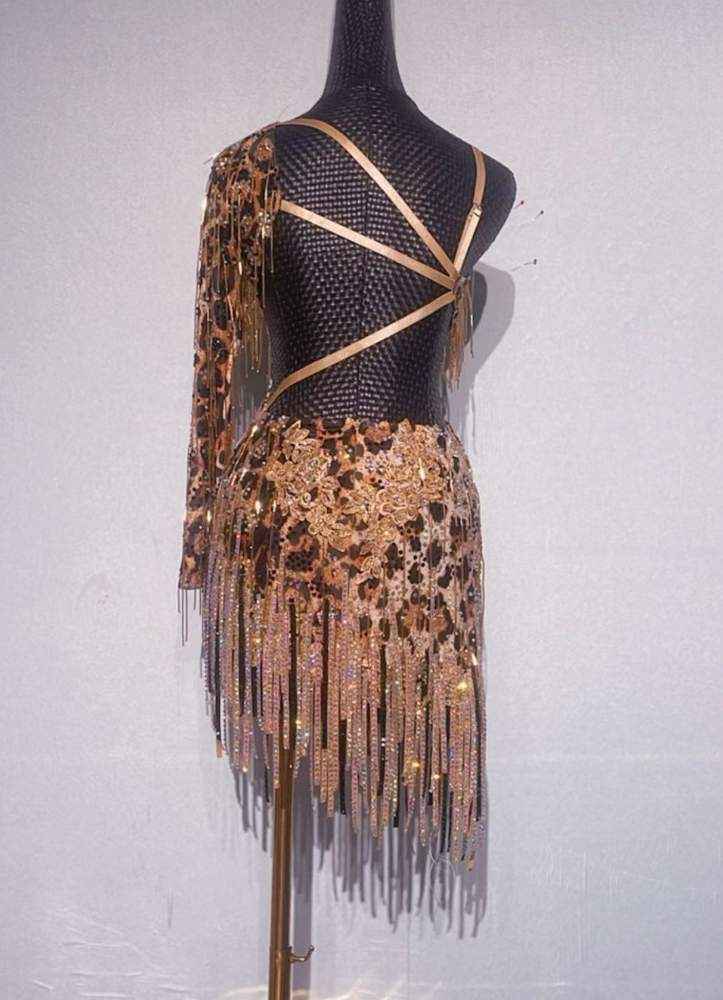 Custom Size Leopard Fringe Latin Dance Dress for Women Girls Salsa Rumba Chacha Dance Costumes