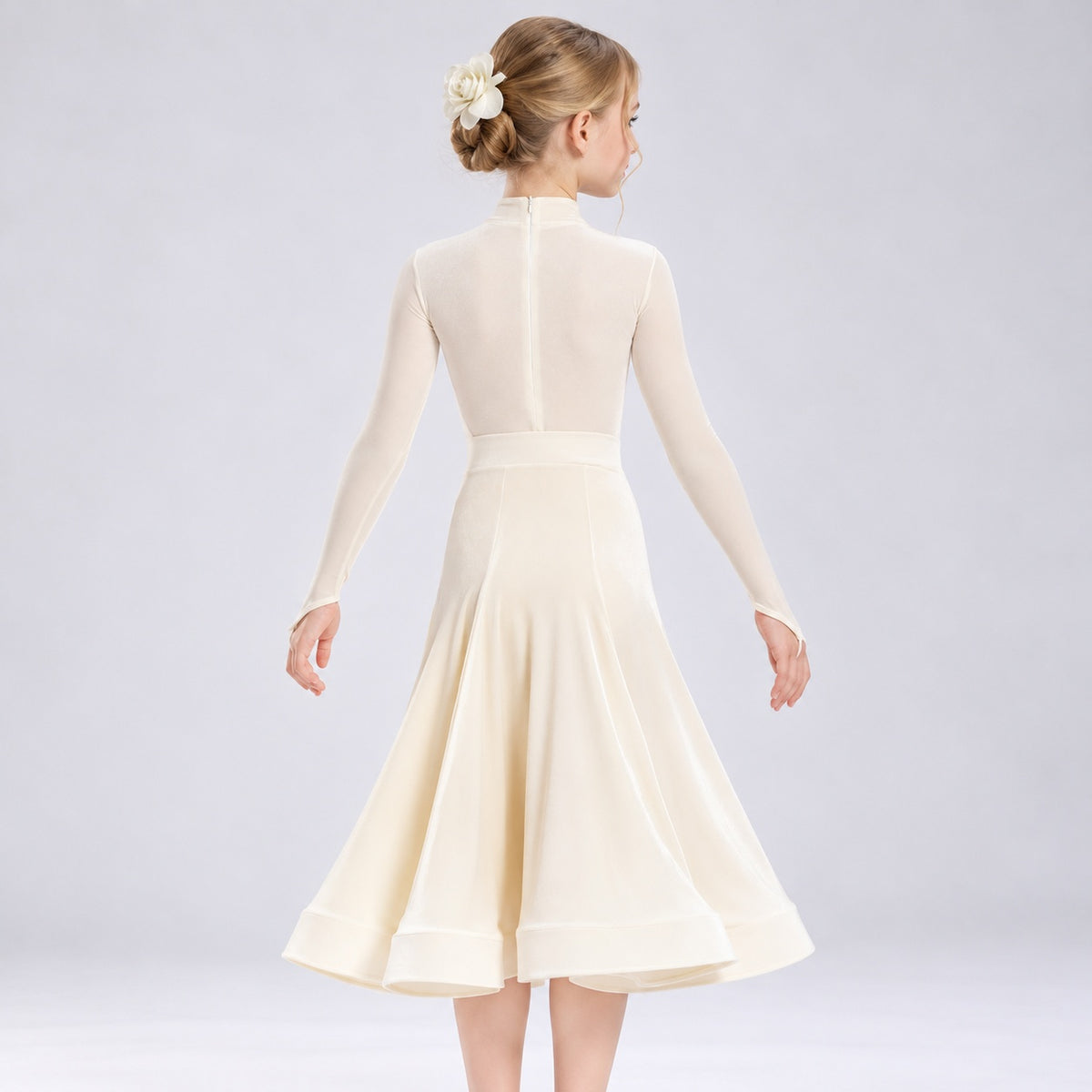 Ivory Velvet Ballroom Dance Dresses for Girls Kids Waltz Tango Perform Gown