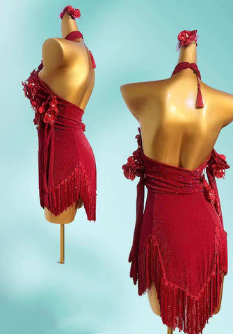 Custom size competition Latin dance dresses for women girls kids wine blue black bling fringe solo flower costume - Moderndancedress.com