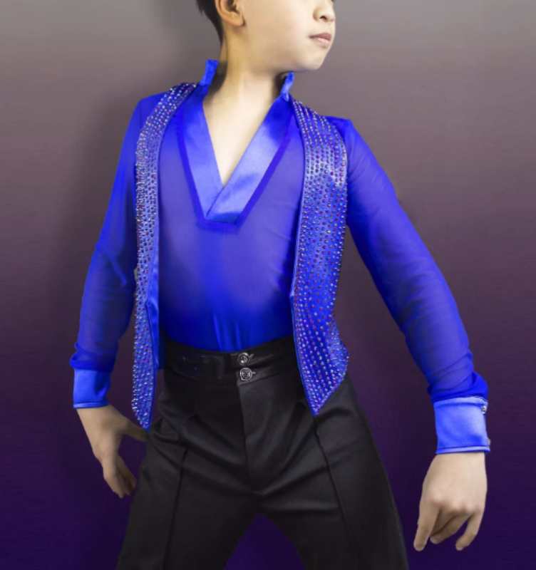 Custom Size Competition Boys Royal Blue White Rhinestones Latin Dance Shirts Kids Salsa Waltz Tango Ballroom Dancing Vest and Shirts - Moderndancedress.com