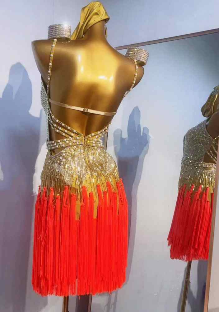 Custom Size Gold Fringe Latin Dance Dress Backless Salsa Latin Performance Clothing