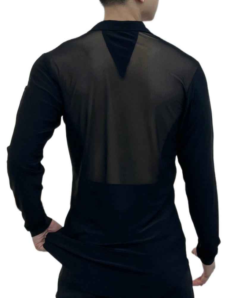 Men's Black Latin Dance Shirt Lapel Collar Salsa Rumba Chacha Tango Performance Tops Mesh Back