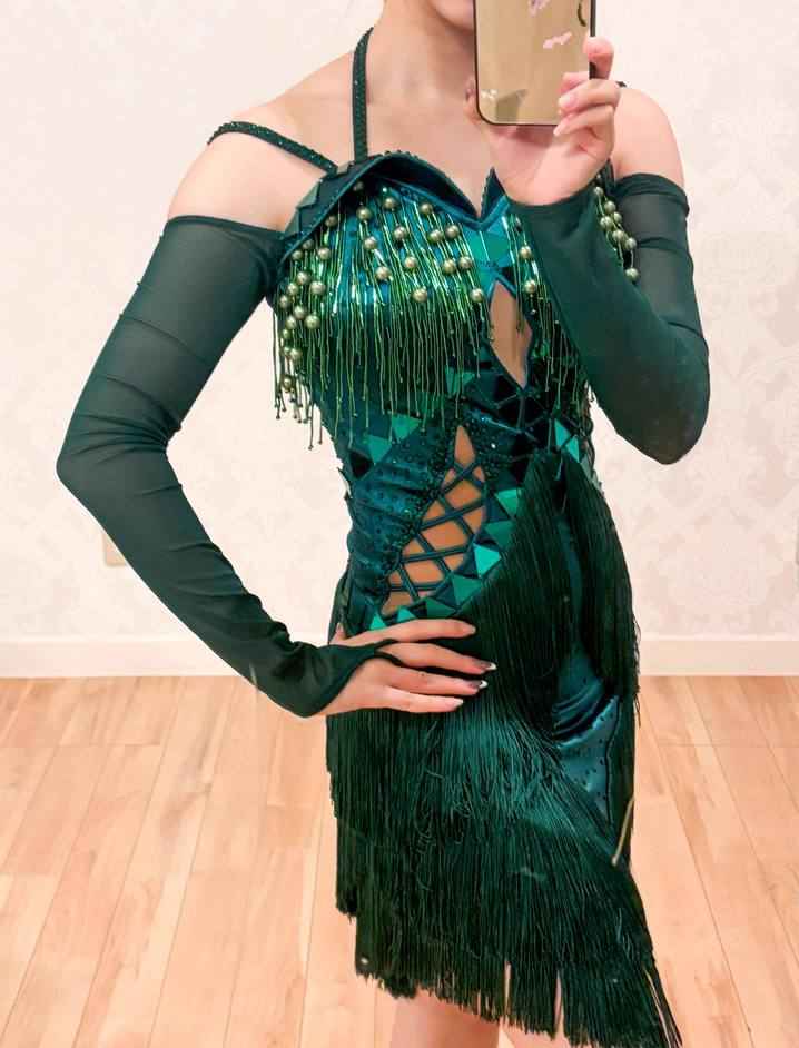 Custom Size Competition Dark Green Latin Dance Dresses Salsa Rumba Blackpol Ball Dance Costumes