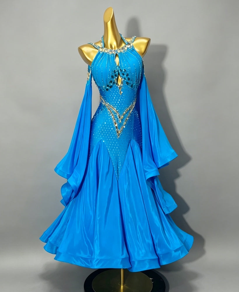 Custom Size Turquoise Fuchsia Crystal Ballroom Dance Dress for Women Waltz Smooth Dance Gown