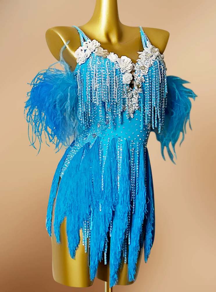 Custom Blue Latin Dance Competition Dress  Feather & 3D Flower Salsa Gown