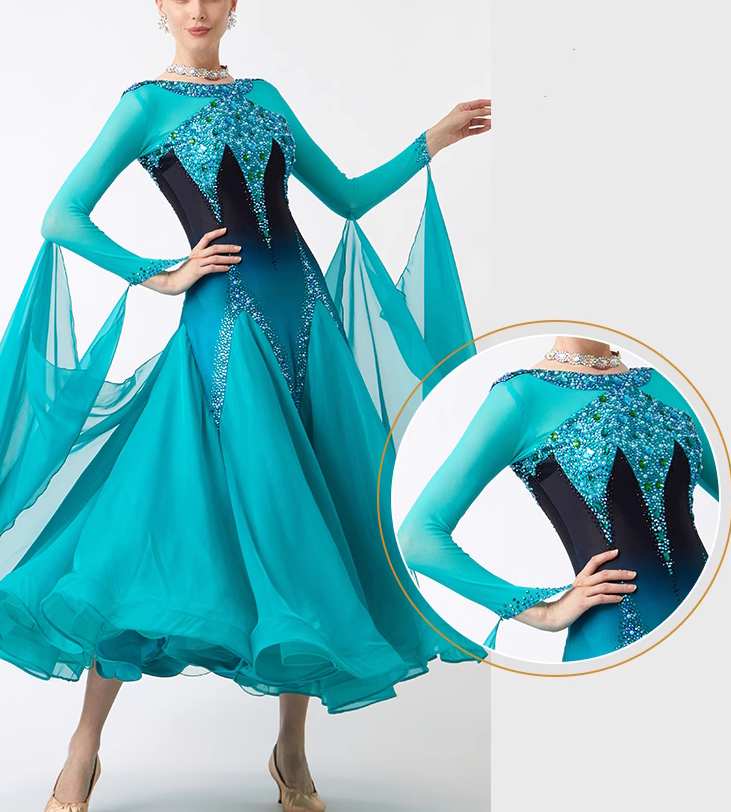 Custom Size Turquoise Blue Gradient Competition Ballroom Dance Dresses for Women Tango Waltz Dancing Gown