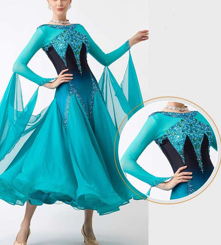 Custom Size Turquoise Blue Gradient Competition Ballroom Dance Dresses for Women Tango Waltz Dancing Gown