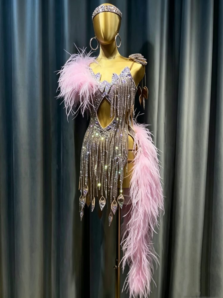 Custom Pink Feather Latin Dance Dress | Sparkly Crystal Fringe Rhythm Costume