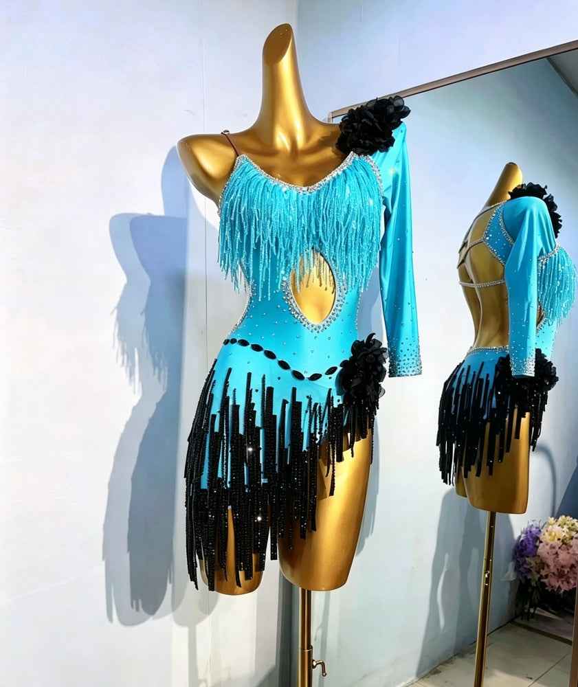 Custom Size Competition Rhinestone Latin Dance Dress Turquoise Fuchsia Bling Fringe