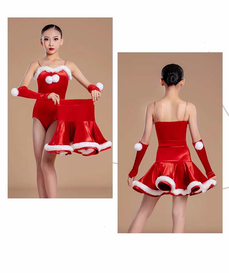 Red Velvet Christmas Style Latin Dance Dresses for Kids Children Festival Party Performance Salsa Chacha Rumba Performance Costumes