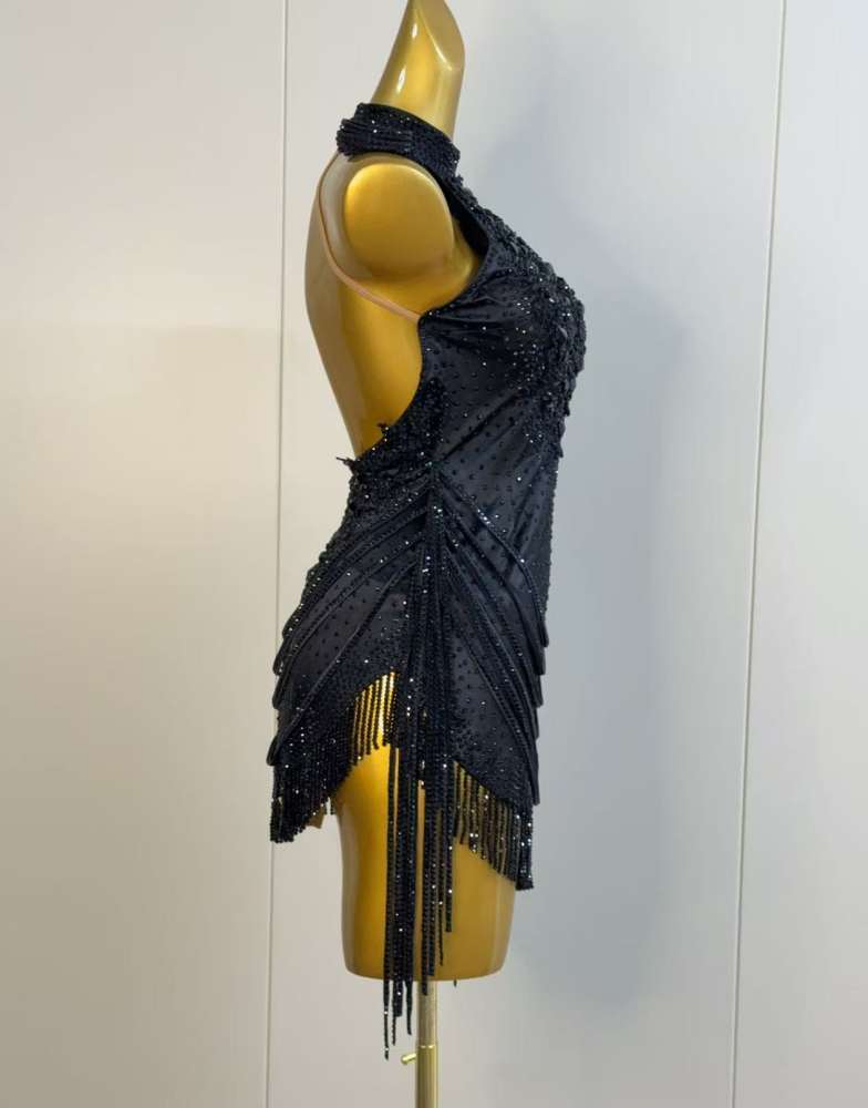Custom Black Latin Dance Dress with Beaded Fringe - Halter Salsa Wear