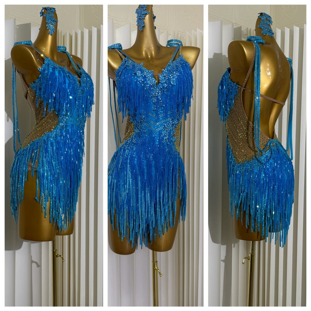 Custom Size Blue Fringe Competition Latin Dance Dress Salsa Chacha Bling Dance Costumes