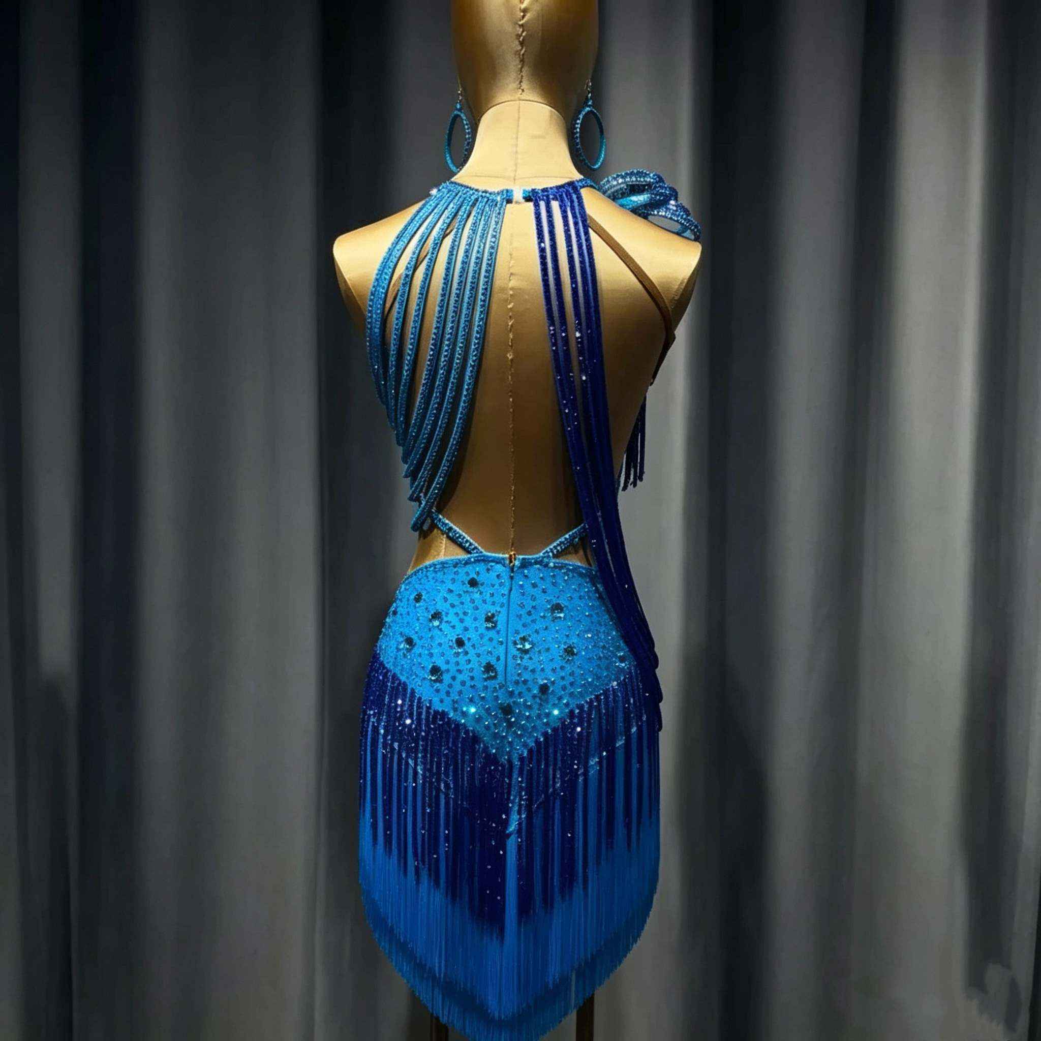 Custom Blue Latin Dance Dress with Fringe & Crystals Blackpool Dance Wear