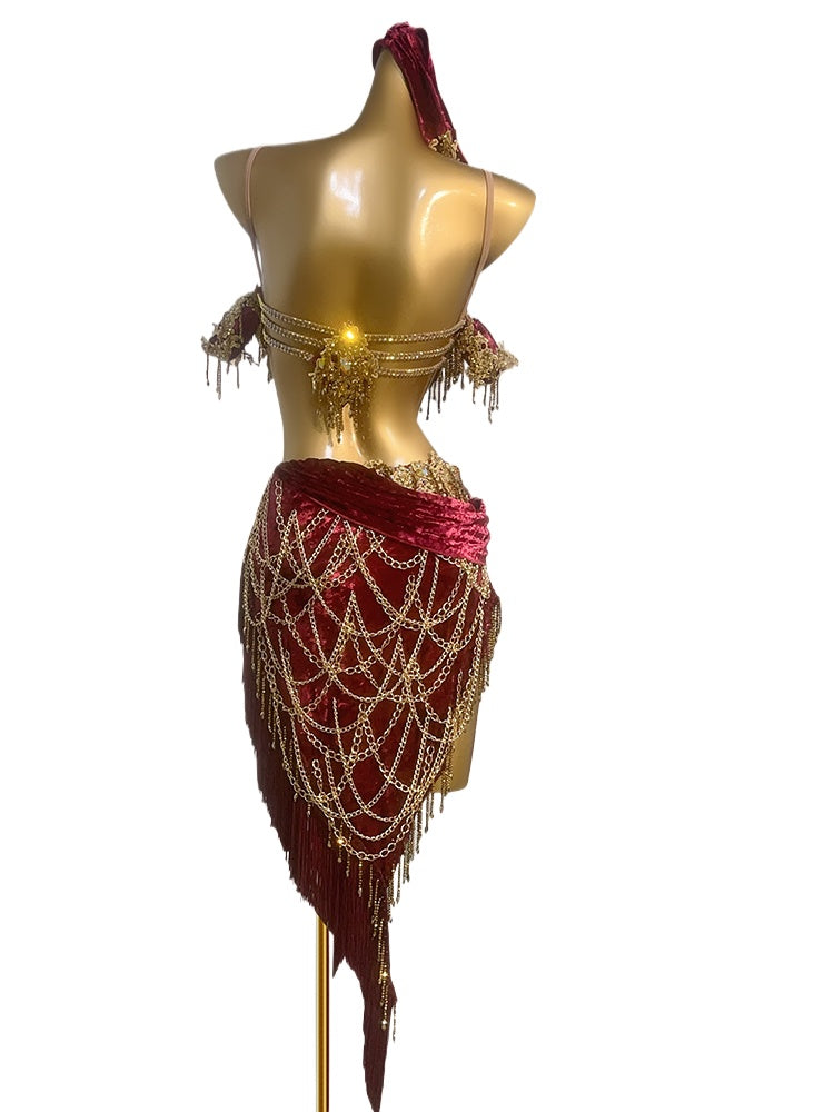 Custom Size Dark Green Competition Latin Dance Dresses for Women Girls Salsa Rumba Gold Chain Art Exam Dance Wear