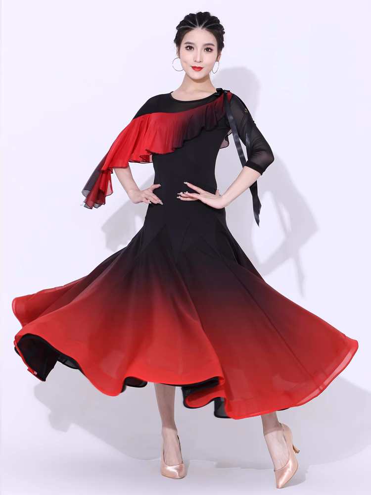Black Red Gradient Modern Ballroom Dance Dresses for Women Girls Slant Neck Long Sleeves Professional Waltz Tango Foxtrot Competition Swing Skirt - Moderndancedress.com