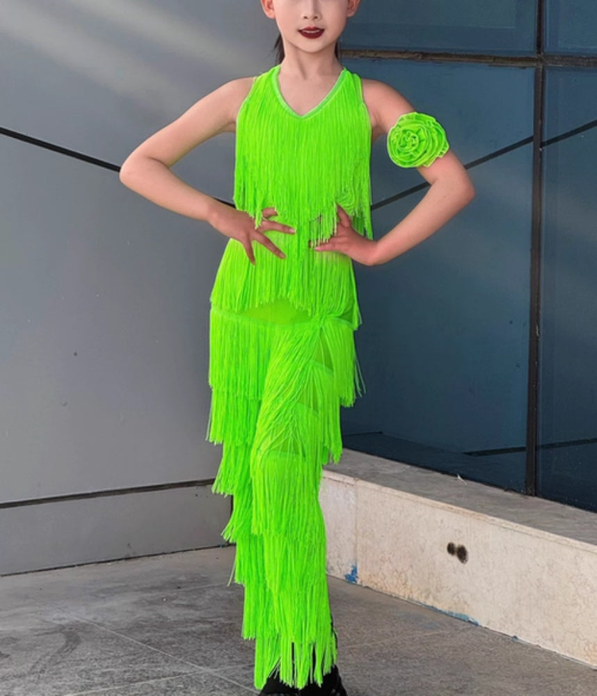 Neon Green Girls Latin Dance Dress Fringe Romper: Kids Cha Cha Leotard Professional Competition & Performance Outfit