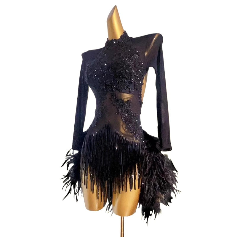 Custom Size Competition Latin Dance Dresses for Women Girls Feather Blue Black Salsa Rumba Chacha Dance Costumes