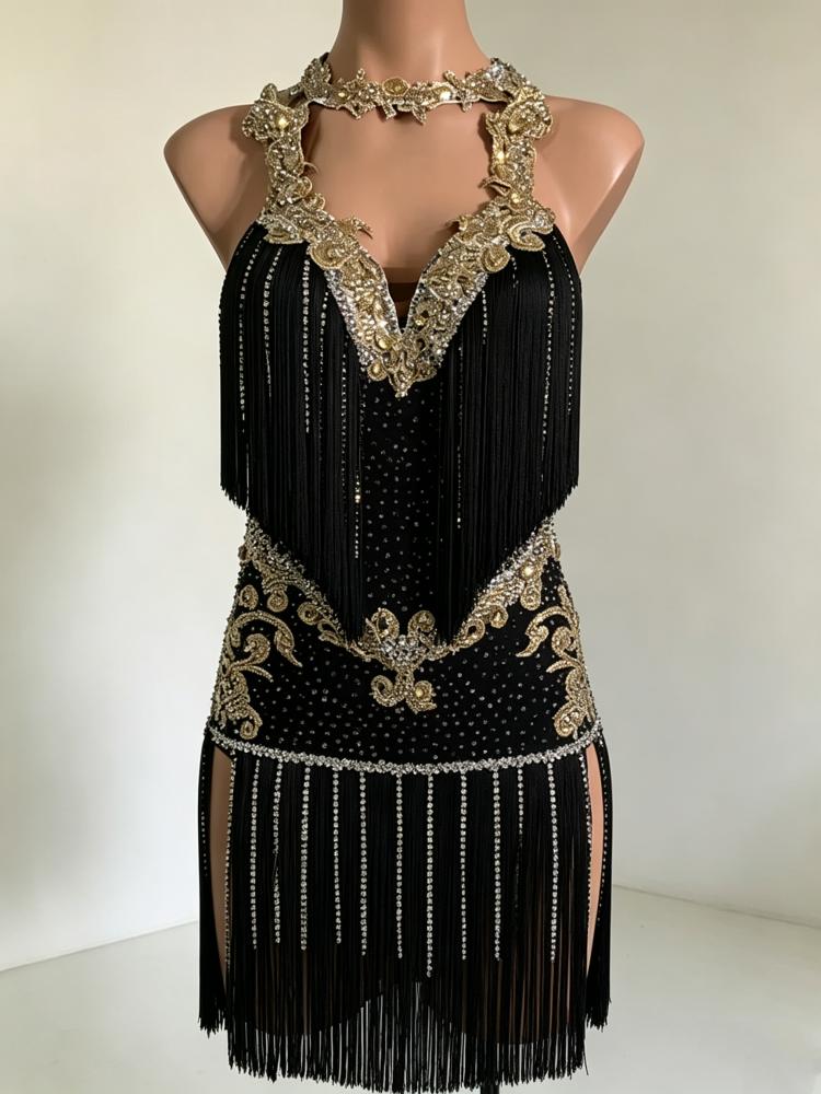 Custom Gold Crystal Orange Competition Latin Dance Dress with Fringe