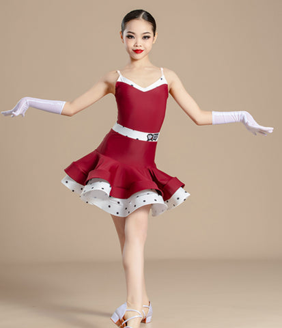 Red polka dot Latin ballroom dance dresses for kids girls national ballroom waltz tango dance costumes art test performance outfits - Moderndancedress.com