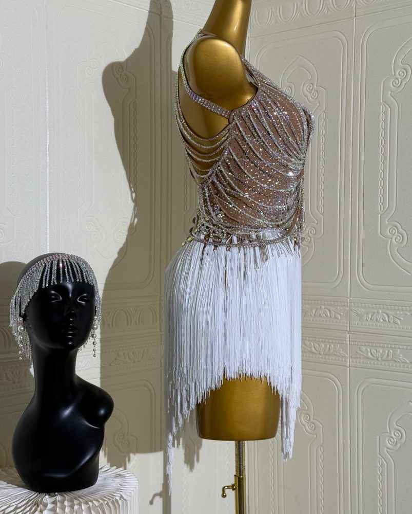 Custom Size Flesh with White Fringe Latin Dance Dress Salsa Chacha Blackpool Dance Wear