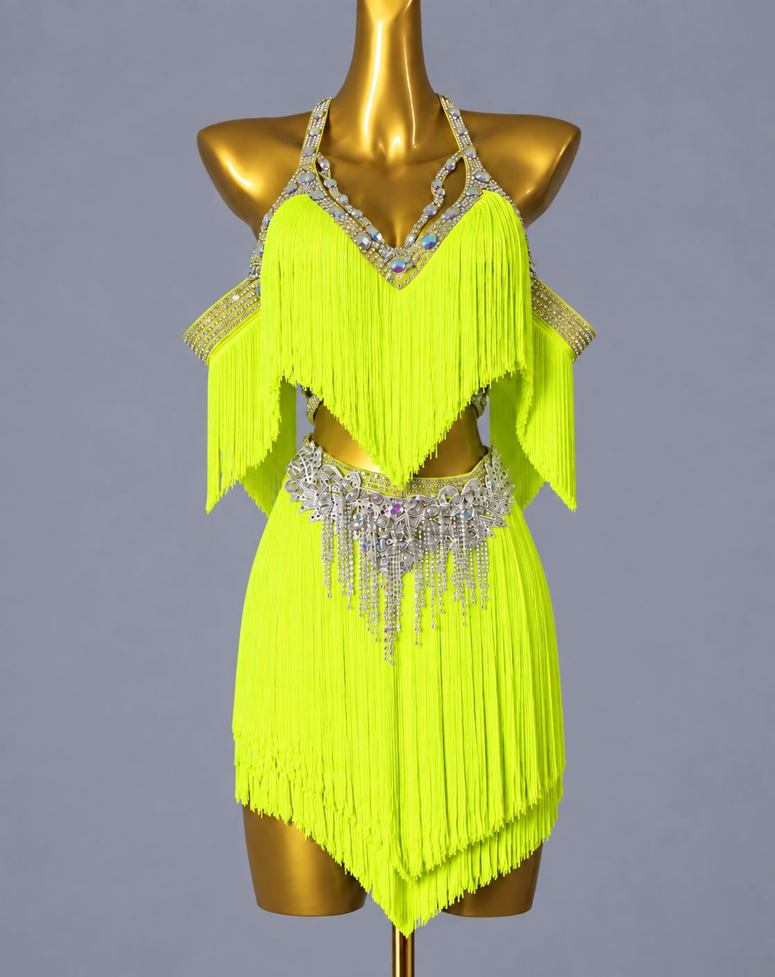 Custom Turquoise Competition Latin Dance Dress Crystal Rhinestone Fringe