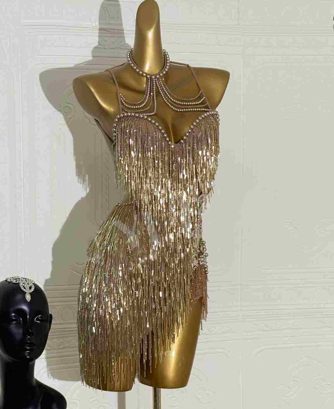 Custom Size Gold Fringe Women's Latin Dance Dress Salsa Chacha Bling Costumes