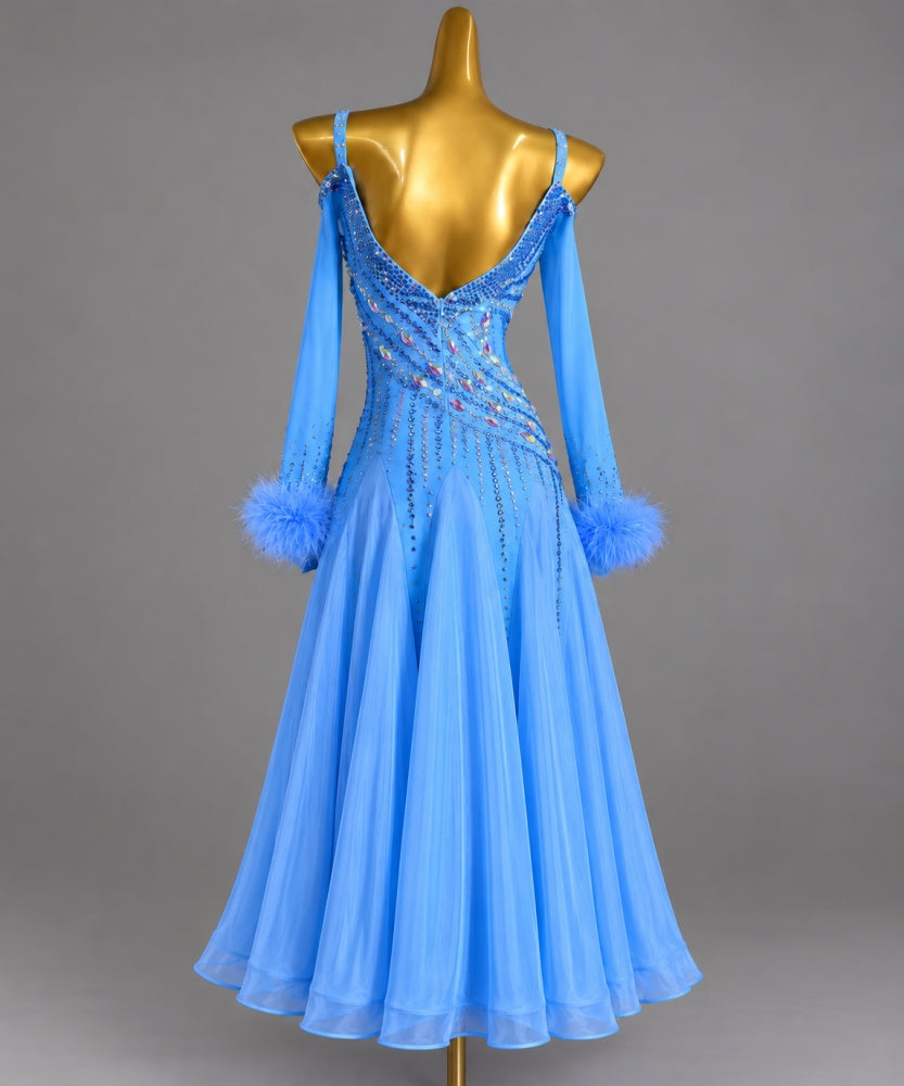 Custom American Smooth Dress Blue Competition Ballroom Dance Gown