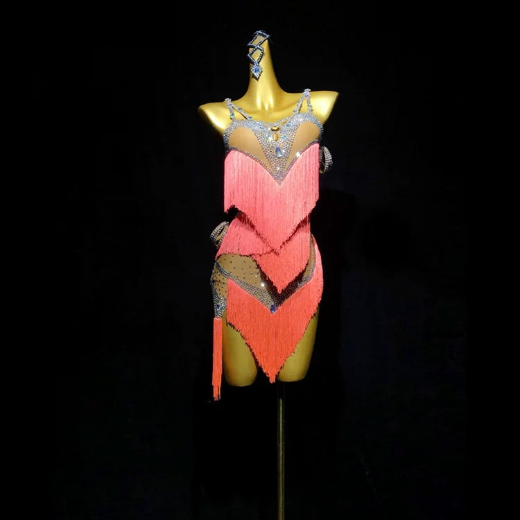 Custom Size Competition Latin Dance Dress for Women Fuchsia Green Blue Fringe Blackpool Dance Gown