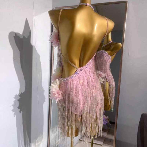 Custom Pink Blue Flowers Bling Competition Latin Dance Dresses for Women Girls