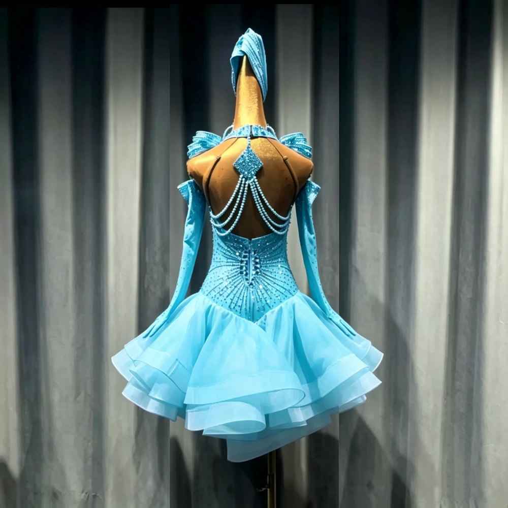 Custom Crystal Blue Latin Dance Dress - Hot Pink Rhinestone Ballroom Competition Dress