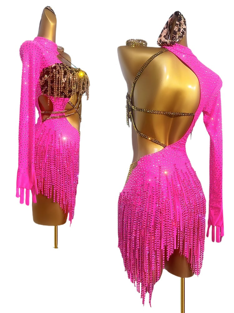 Custom Size Fuchsia Leopard Competition Latin Dance Dresses for Women Girls Salsa Rumba Chacha Dance Wear - Moderndancedress.com