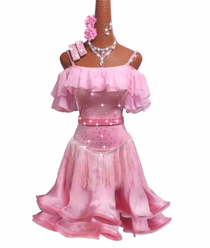 Pink Fringe Latin Dance Competition Dresses for Women Dew Shoulder Girls Salsa Rumba Chacha Performance Clothes Solo Dance Skirts