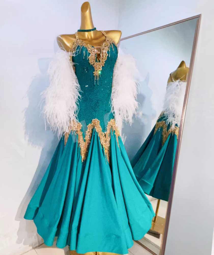 Custom Size Feather Competition Ballroom Dance Dress Leopard Blue Smooth Waltz Dance Costumes