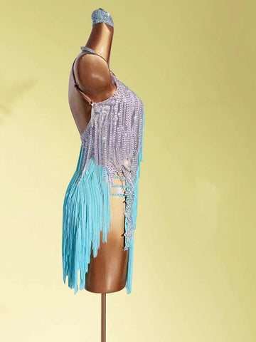 Custom Size Turquoise Blue Competition Latin Dance Dresses for Women Girls Crystal Fringe Salsa Rumba Chacha Dancewear