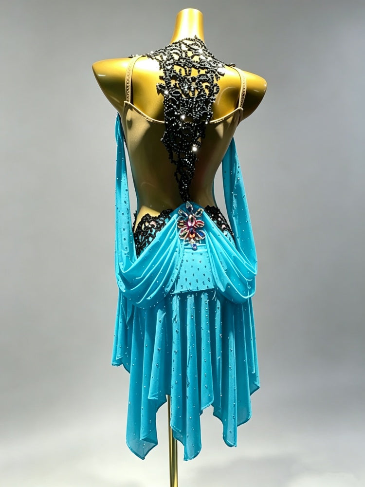 Custom Hot Pink Blue Latin Dance Dress - Black Lace Rhinestone Rhythm Competition Gown