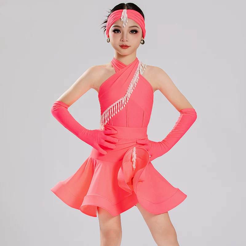 Coral Latin Dance Dress for Girls Kids Halter Neck Salsa Rumba Chacha Dance Costume