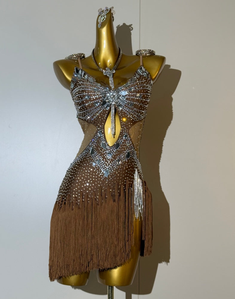 Custom Coffee Latin Dance Competition Dress Rhinestone Rhythm Slsa Chacha Gown