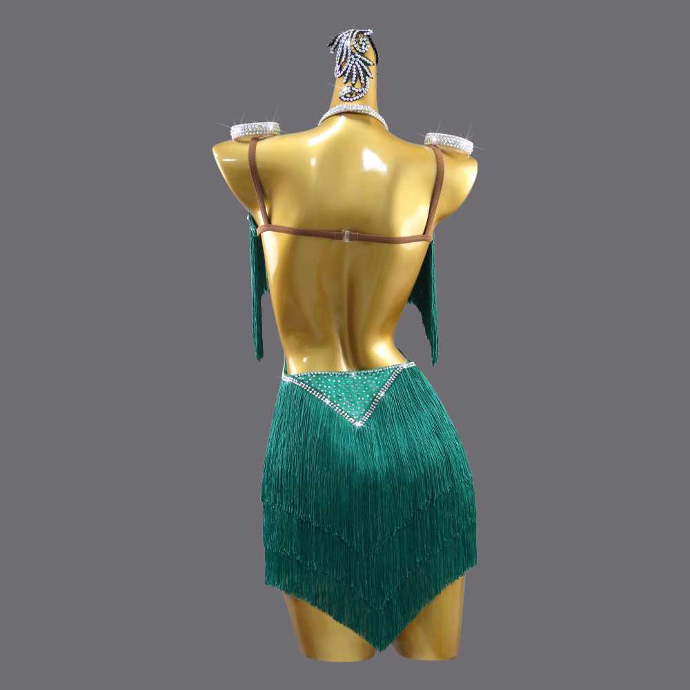 Custom size Dark Green fringe Latin Dance dresses for women girls kids Professional Salsa rumba chacha Art Examination clothing - Moderndancedress.com