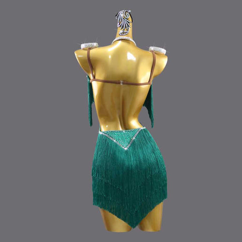 Custom size Dark Green fringe Latin Dance dresses for women girls kids Professional Salsa rumba chacha Art Examination clothing - Moderndancedress.com